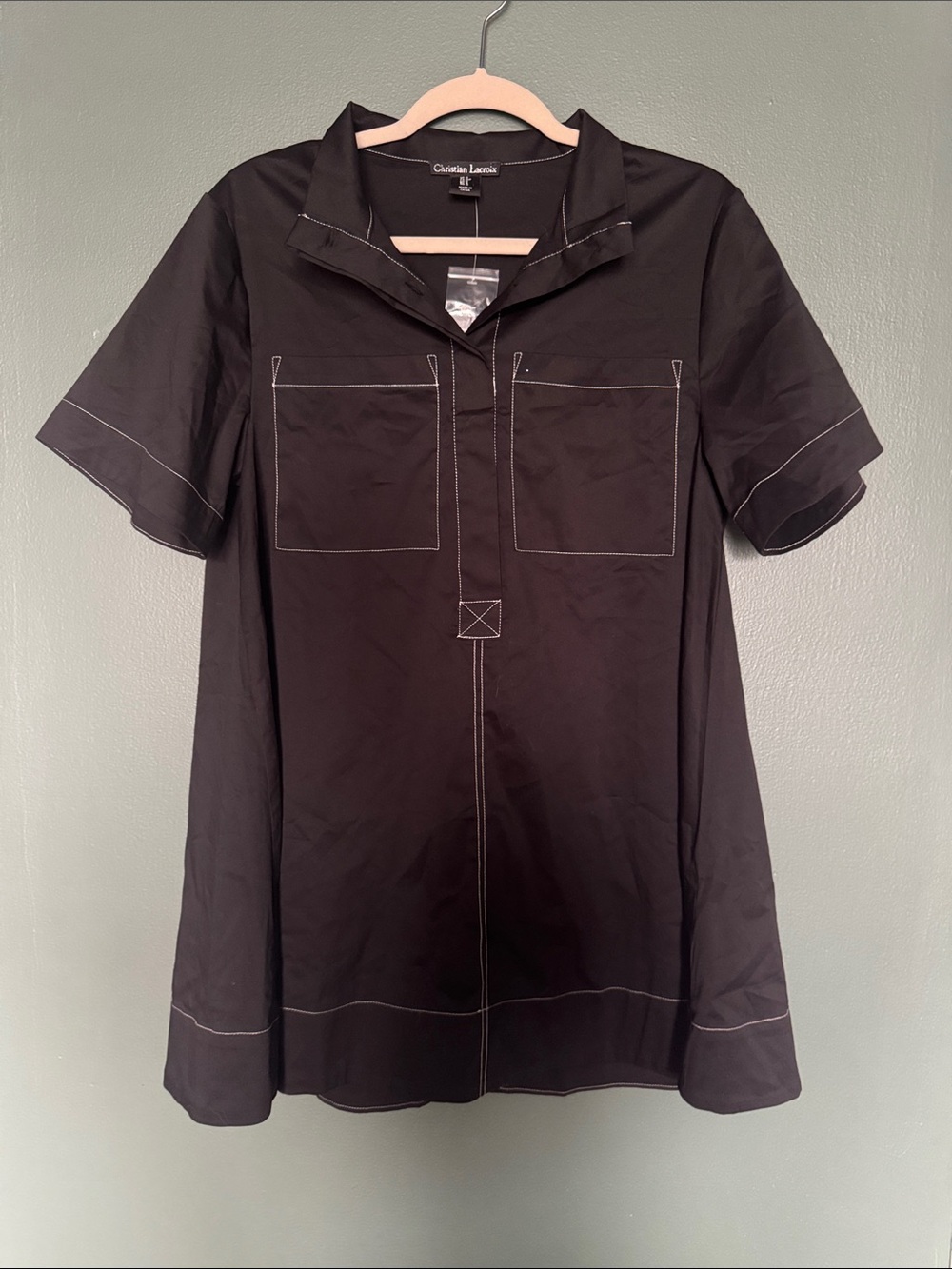 Christian Lacroix Black Short Sleeve Shift with White Topstitching